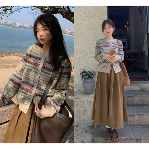 复古费尔岛提花羊毛针织开衫叠穿