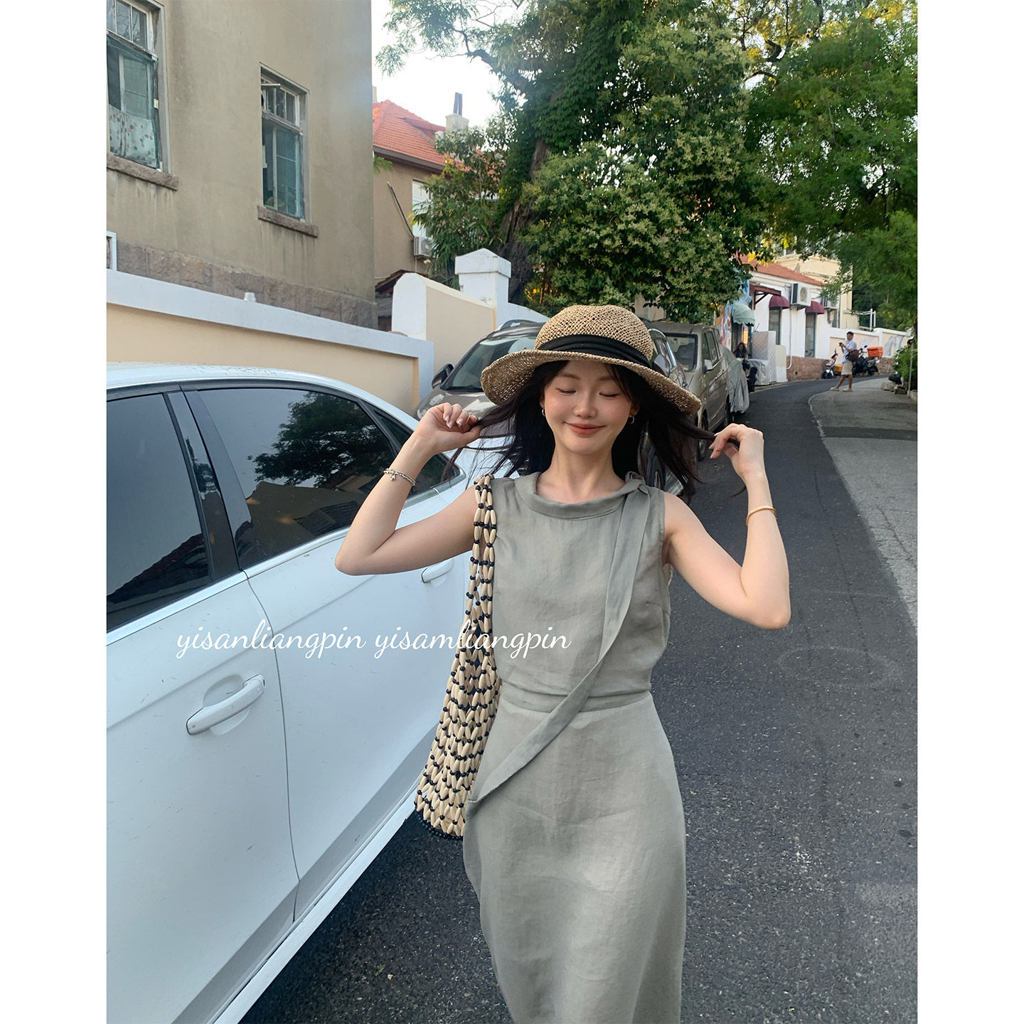 一三良品小个子 苎麻天丝法式优雅系带挂脖收腰无袖背心连衣裙夏