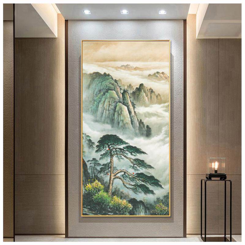 旭日东升靠山图东墙进门正对墙玄关走廊办公室风水迎客松风景挂画