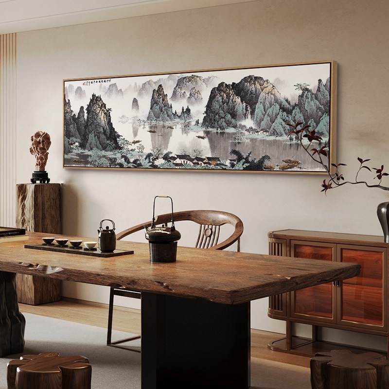 湖山春暖复古山水画新中式客厅装饰画横版沙发背景墙挂画国画现代