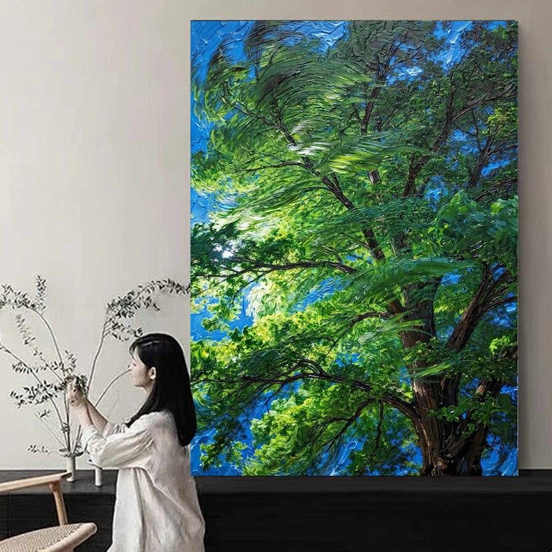 意式极简绿色大树光影客厅挂画