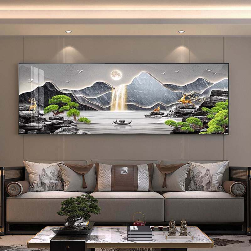 新中式背靠金山流水生财壁画客厅装饰画沙发背景墙挂画大气高级感
