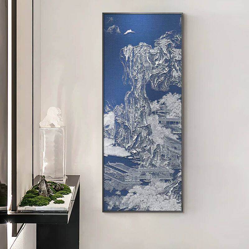 新中式红色装饰画入户玄关竖版立体挂饰抽象山水高端大气壁画浮雕
