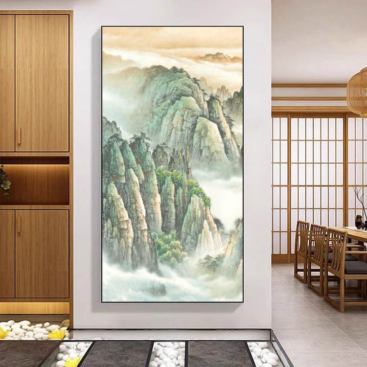 西墙聚财山水画入户门正对墙面玄关办公室靠山图风水招财风景挂画
