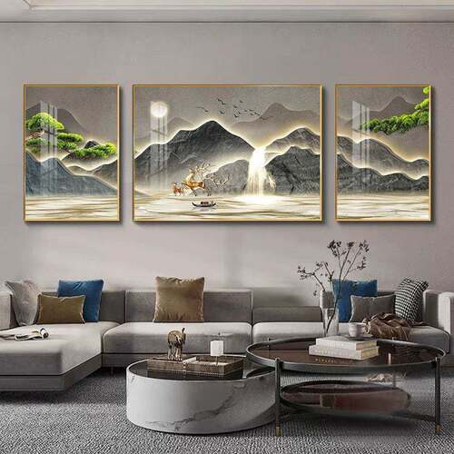 新中式三联客厅山水挂画流水生财