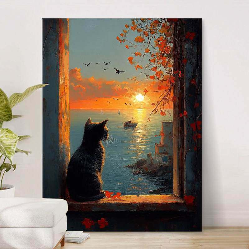 窗台猫咪纯手绘油画日落黄昏大海欧式风景客厅装饰画复古玄关挂画
