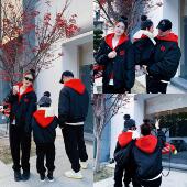 亲子装 秋冬新款 加厚棉衣外套一家三口母子母女红色连帽棉服棒球服