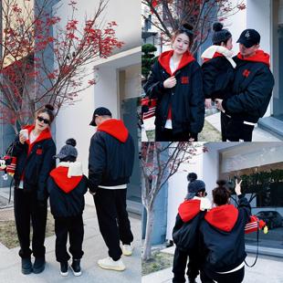 亲子装秋冬新款加厚棉衣外套一家三口母子母女红色连帽棉服棒球服