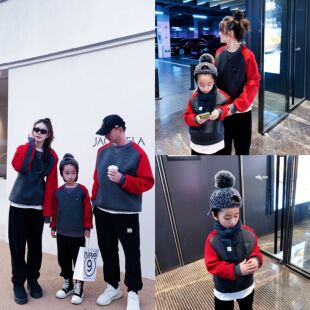 亲子装一家三口母子母女秋冬加绒卫衣红色圆领撞色插肩亲子装