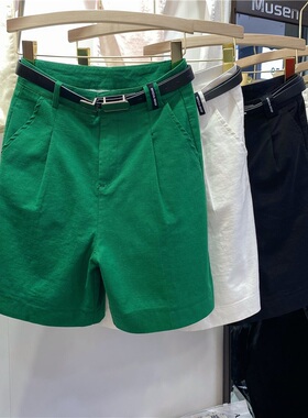 大码胖mm绿色休闲阔腿短裤女夏季2025纯棉薄款高腰显瘦a字五分裤