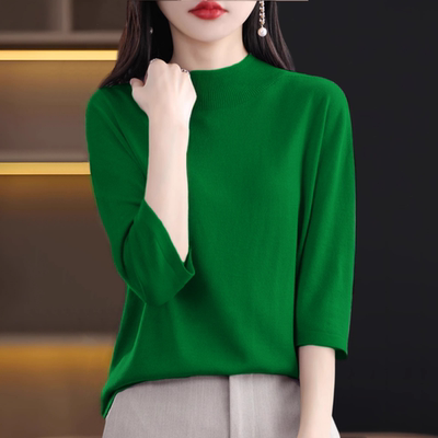 大码胖mm半高领七分袖针织衫内搭中袖t恤女修身洋气半袖打底上衣