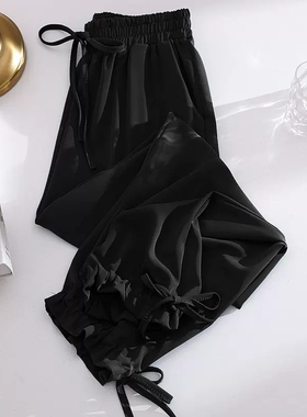 大码胖mm黑色冰丝运动裤薄款九分宽松休闲小个子防晒速干裤子女夏