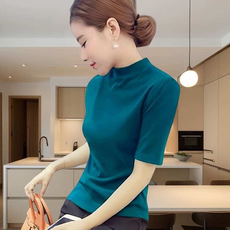 大码春秋软糯针织衫女纯色中袖半高领五分袖打底衫半袖内搭毛衣潮