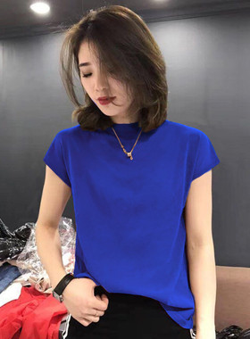 大码女装胖mm冰丝针织薄款打底衫短袖上衣糖果蓝色无袖t恤女夏季