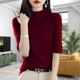 上衣胖mm内搭春秋中袖 大码 半高领五分袖 女中袖 打底毛衣外穿 针织衫