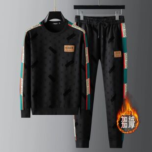 高端潮牌春秋个性刺绣男士加绒加厚卫衣套装潮流运动休闲两件套