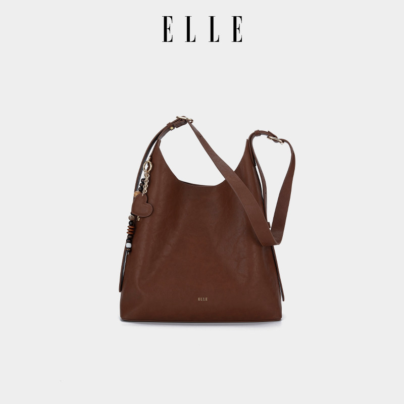 ELLE女包2025新款复古植鞣大容量水桶包时尚百搭单肩斜挎包高
