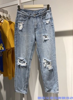 A3HA8315255鸟牌女装2022夏秋装新款破洞牛仔长裤A3HA83152百搭