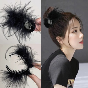 超仙羽毛水钻天鹅羽毛秋冬新款气质高低马尾发夹cj