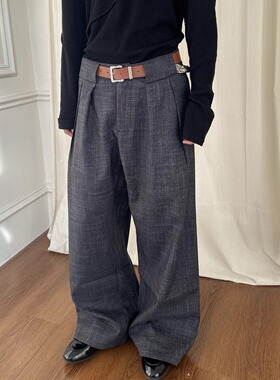 YewPoutA字版型双皱格子条纹宽松直筒阔腿休闲通勤老钱风西裤长裤