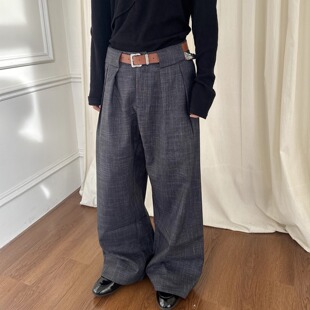 长裤 型双皱格子条纹宽松直筒阔腿休闲通勤老钱风西裤 YewPoutA字版