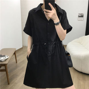 A字衬衫 夏季 300斤抽绳显瘦中长款 新款 裙 胖MM休闲翻领连衣裙女大码