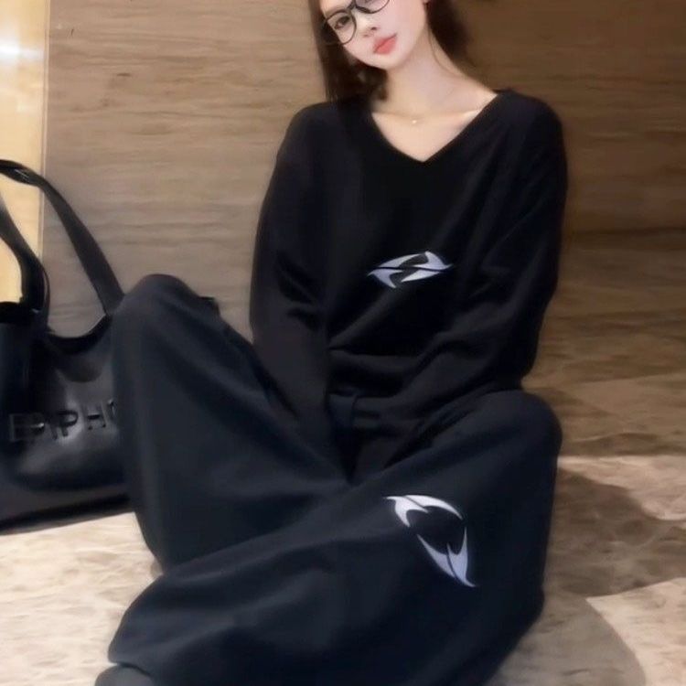 大码300斤时尚休闲套装女秋季新款胖mm宽松遮肉长袖长裤两件套潮2