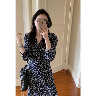 大码 宽松收腰显瘦休闲长裙2 300斤胖MM藏蓝色碎花连衣裙女秋冬新款