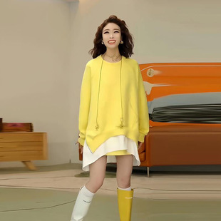 大码胖mm300斤春秋设计感拼接假两件卫衣裙宽松遮肚显瘦连衣裙潮2