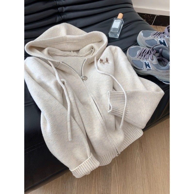 大码300斤连帽双拉链长袖针织开衫毛衣女秋冬胖MM慵懒风宽松上衣2