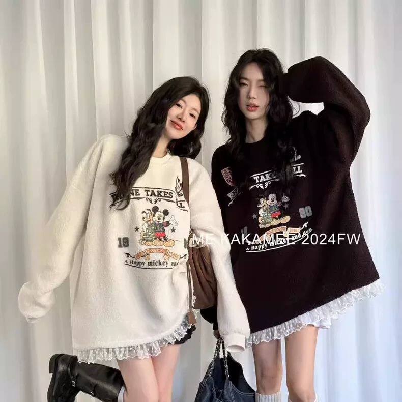 大码300斤韩系趣味卡通米奇拼接蕾丝卫衣女秋冬胖MM宽松加厚上衣2