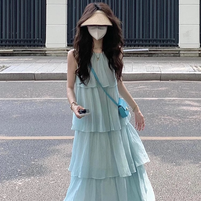 胖mm法式超仙背心连衣裙女夏季大码300斤宽松巨显瘦A字蛋糕长裙潮