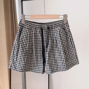 休闲宽松阔腿热裤 胖mm300斤复古百搭显瘦格子短裤 大码 女夏季 新款