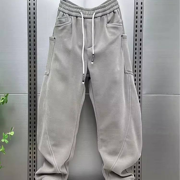 大码300斤纯色加绒直筒弯刀裤男女秋冬新款胖MM大口袋阔腿运动裤2