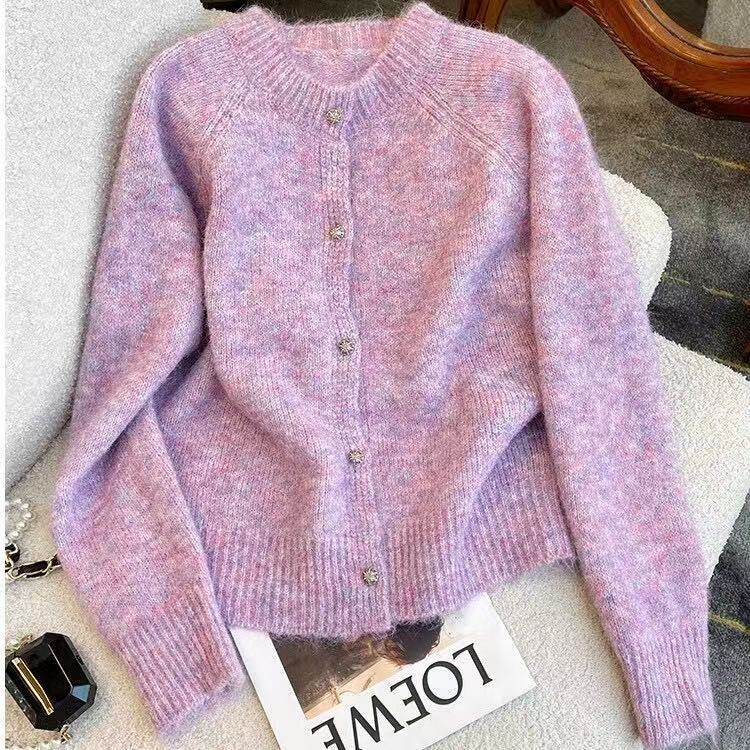 胖MM紫色软糯简约风针织开衫女大码300斤秋冬宽松高级感毛衣外套2