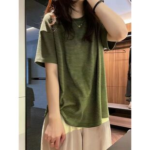 新款 T恤女夏季 胖MM宽松简约显瘦上衣潮 300斤复古绿色条纹短袖 大码