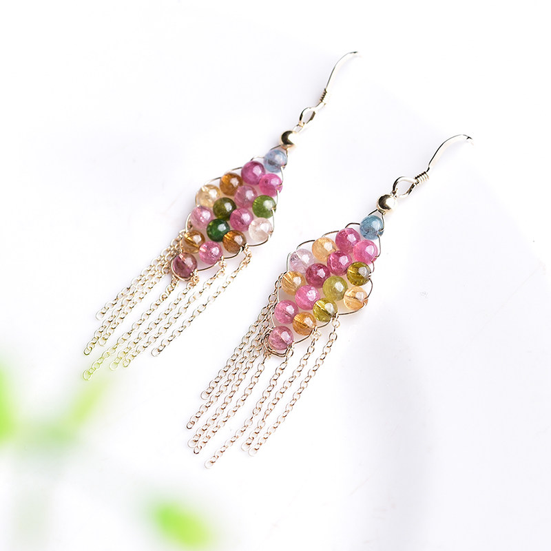魅力璀璨彩虹碧玺长款耳环14k