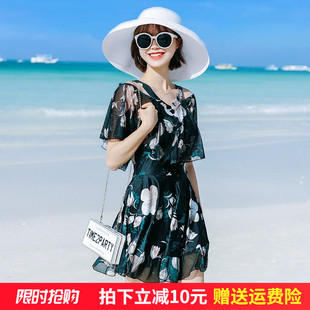 游泳衣遮肚保守溫泉海邊度假泳裝 泳衣女2025新款 宜膚印花連體裙式