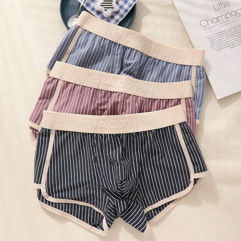 条纹内裤男纯棉平角裤中腰透气运动大码潮流男款学生四角裤衩