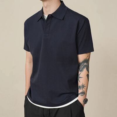 时尚新款潮流简约纯色假两件POLO衫休闲高级翻领高品质时尚短袖