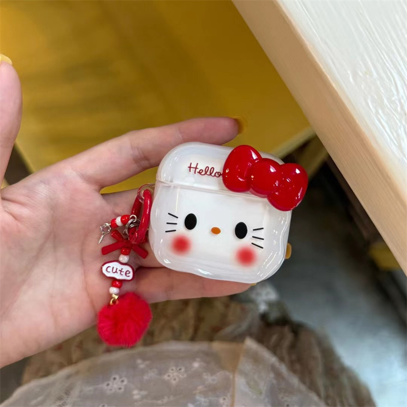 超萌卡通腮红蝴蝶结凯蒂猫苹果1蓝牙2代适用耳机壳airpods3女款pro2代挂饰airpods4代保护套