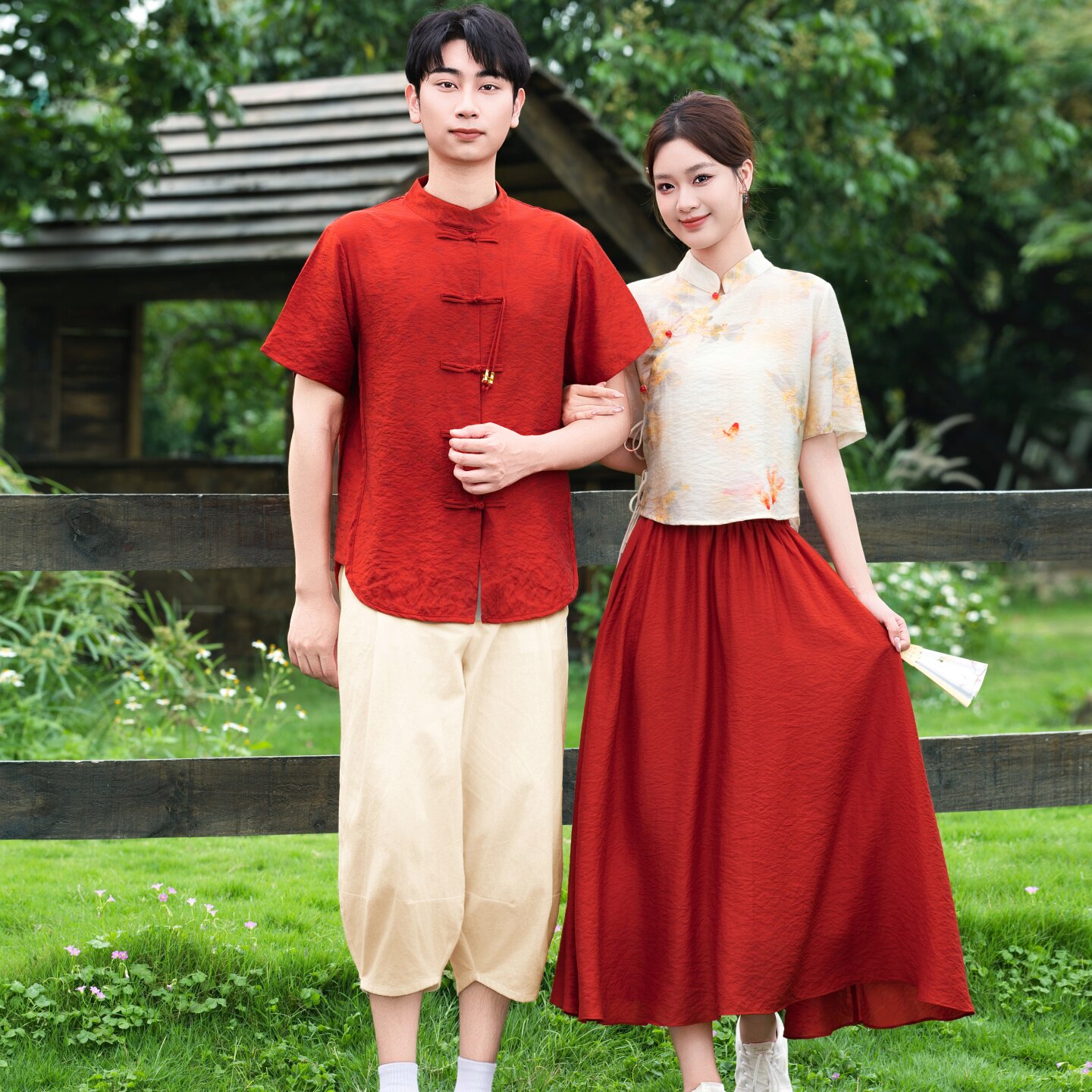 2026新大码新中式情侣装订婚套装夏装短袖汉服唐装男女伴娘伴郎服