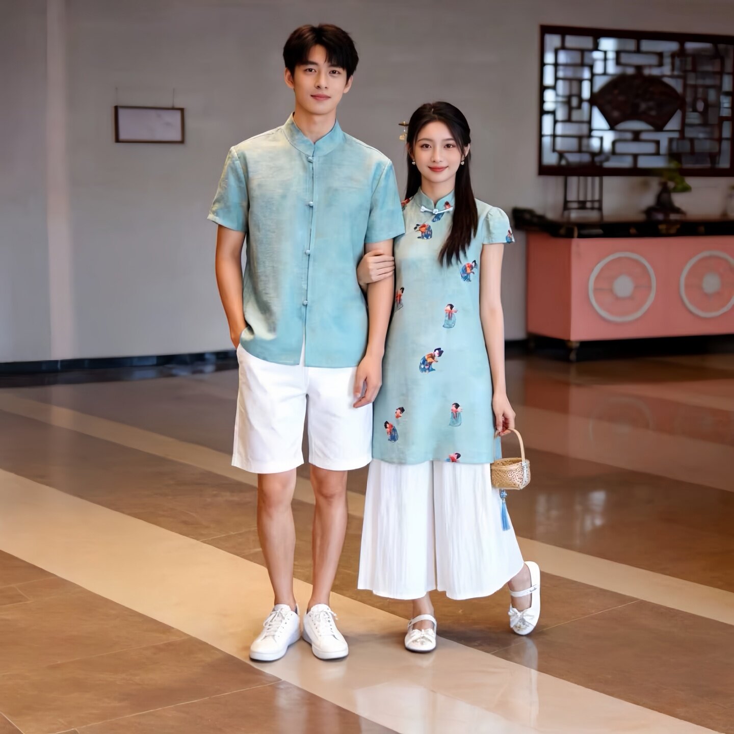 高端大码情侣装夏装短袖中式上衣男女唐装国风演出结婚伴娘伴郎服