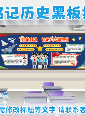 自信自强铭记历史勇担当吾辈爱国主题黑板报中小学班级文化墙装饰