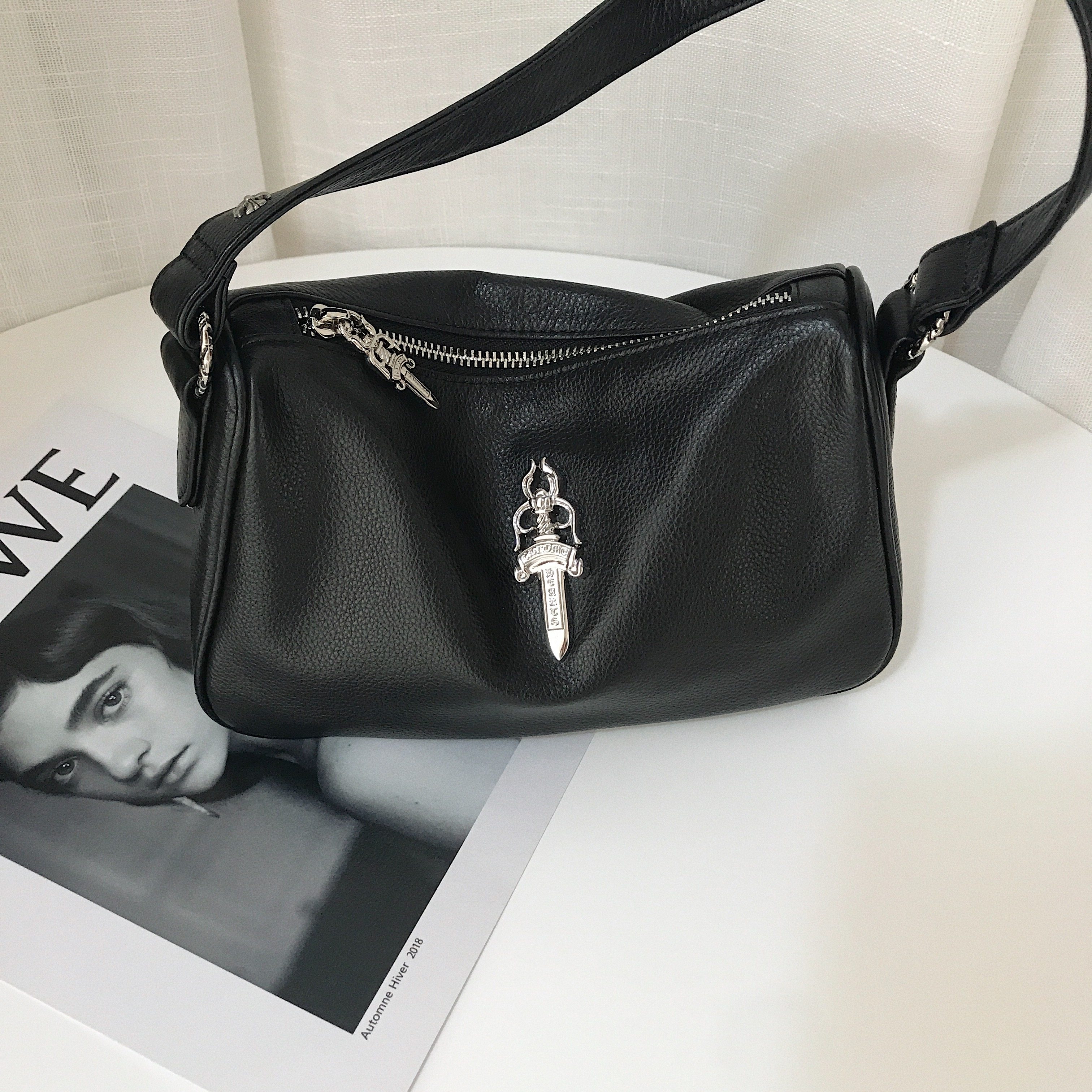 腋下包头牛皮复古蓝色小方