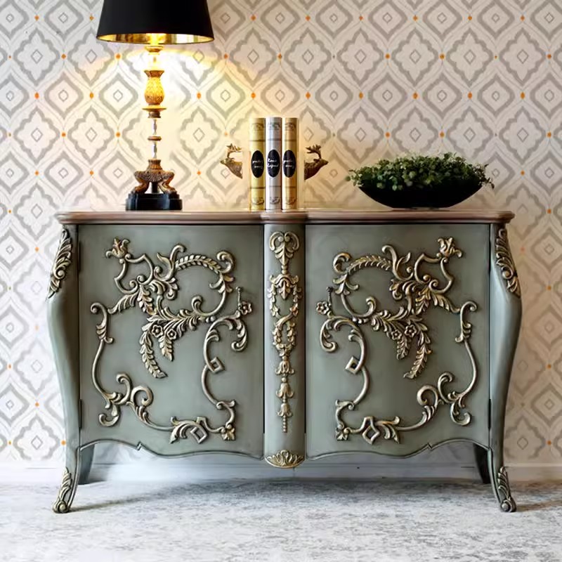 法式复古玄关柜实木雕刻做旧靠墙柜新古典中古风储物柜雕花餐边柜