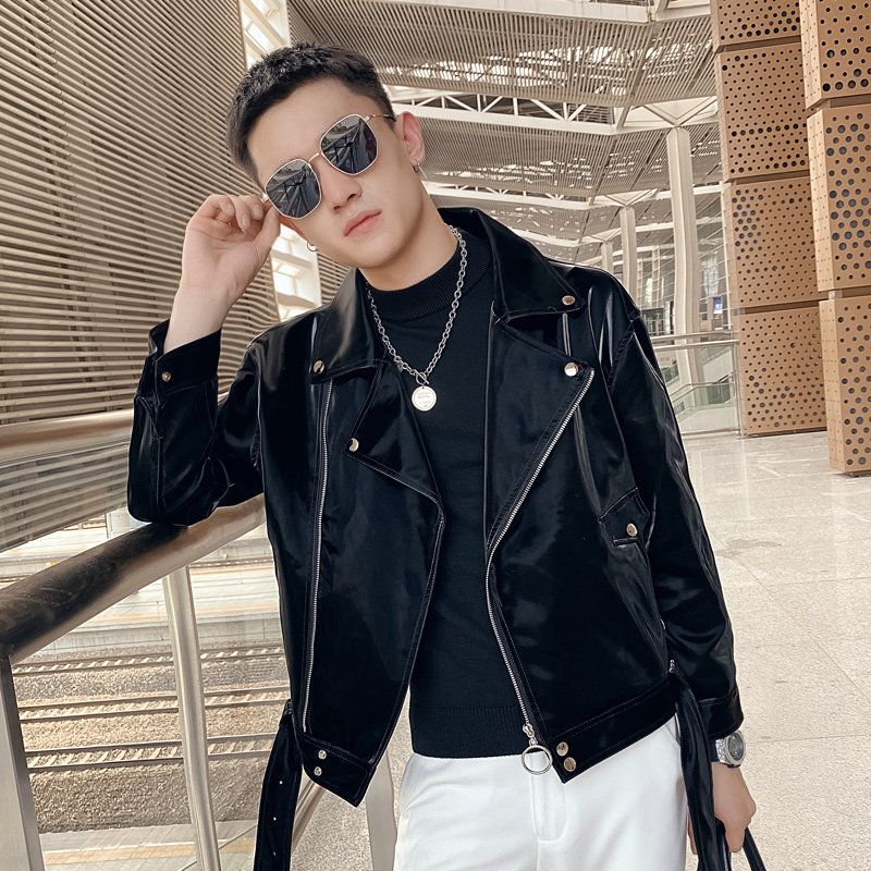 黑色2023秋装新款男士亮面修身夹克皮衣PY01-P125控158，男装皮衣，电商A108