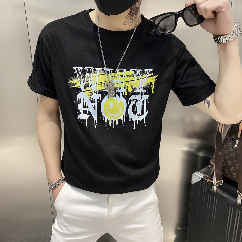 黑色2021店主风精神小伙修身男式印花短袖T恤社会t T054-P45控69图片