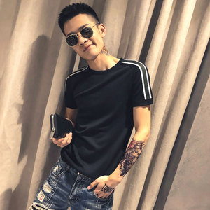 黑色2020精神小伙修身男式针织短袖T恤 社会tee T155-P50控68图片