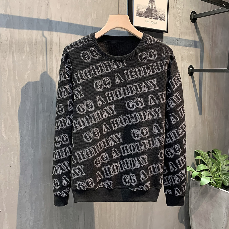 黑色挂拍2023秋装修身印花圆领卫衣男潮W6001-P55控价78,男装卫衣,电商A108